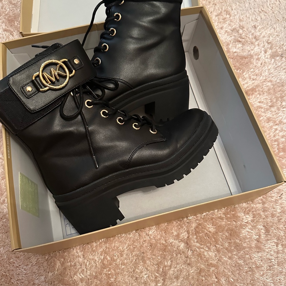 Michael Kors Black Combat Moto Boots with Rugged Sole